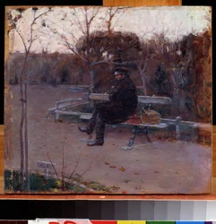 On the Boulevard (On the Boulevard). En mann alene, sittende på en benk i kulden, i nærheten av ham, en ryggsekk og en verktøykasse. Maleri av Pyotr Alexandrovich Nilus (Pierre Nilous) (Nilouss) (1869-1940/1943), olje på lerret