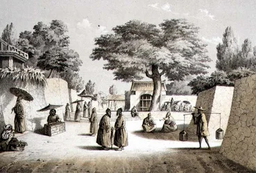 Gate i Napha, Lew Chew, gravert av T. Sinclair (tonet litho)