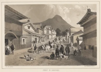 Gate i Hakodadi, litho av Sarony und Co., 1855 (chromolitho)