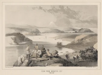 Utsikt fra Webster Island, Yedo Bay, litho av Sarony und Co., 1855 (chromolitho)