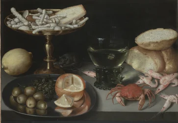 Stilleben med frukt, søtsaker, krepsdyr, et glass og en mus, ca. 1620