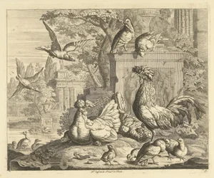 Hane, høne med unger og andre fugler i en hage med gamle ruiner Forskjellige fugler (serietittel)