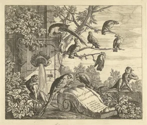 Papegøyer og aper ved en hagefontene Forskjellige fugler (serietittel)