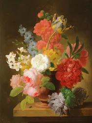 Stilleben av blomster i en marmorurne