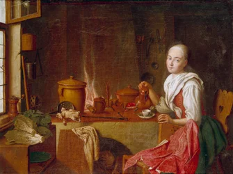 Dame på kjøkkenet En ung kvinne som sitter på en kaffe foran peisen. Maleri av Peter Jacob Horemans (1700-1776) (ec.flam.) 1700-tallets München. Alte Pinakothek