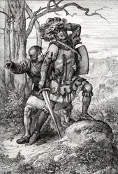 Hertug Leopold I av Østerrike, Herre av Habsburg redder av en av sine ledsagere i slaget ved Morgarten 15. november 1315 mot de sveitsiske konføderasjonene, Sveits (slaget ved Morgarten 15. november 1315, Leopold I, hertug av Østerrike reddet av en soldat