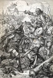 Great Northern War: "" Slaget ved Poltava (eller Pultawa) mellom Armee av Peter I av Russland og troppene til Karl XII av Sverige, 8/07/1709"" (Great Northern War: Battle of Poltava, 8. juli 1709 ) Fjærtegning fra “” Historische Memorab