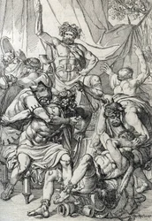Heptarkiet: fremstilling av den angelsaksiske lederen Hengist (5. århundre), som dreper fiendene sine for å grunnlegge kongeriket Kent, cirka 461 (Det saksiske heptarkiet: den angelsaksiske lederen Hengist (eller Hengest) dreper fiendene sine under