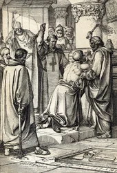 Kong Henrik II av England (1133-1189), innblandet i mordet på Thomas Becket, gjør bot ved erkebiskopens grav