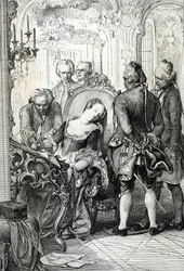 Dronning Caroline Mathilde av Danmark (1751-1775), tvunget til å undertegne skilsmissedokumentene etter sitt utenomekteskapelige forhold i 1772. Pennetegning