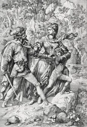 Dronning av England Margaret av Anjou (1430-1482) og hennes sønn Edward reddet av en røver under flukten etter yorkistenes triumf
