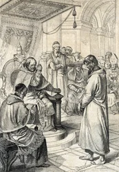Queril of the investitures, anger av Canossa: I Canossa ber keiser Henrik IV av Det hellige romerske rike (1050-1106) i angrende kjole om tilgivelse fra pave Gregoire VII (Hildebrand: 1015/20-1085) og gjorde ærefulle endringer i januar 1077 " (Veggen
