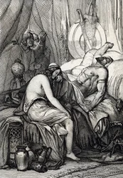 Hunerkongen Attilas (395-453) død i søvne på bryllupsnatten med germaneren Ildico, 453 (Attilas, hunernes herskers, død på bryllupsnatten, hans brud Ildico gråter over liket hans, 453) Fjærtegning etter «Historis»