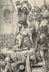 Henrettelsen av Konradin (eller Konrad av Hohenstaufen), konge av Sicilia og hertug av Schwaben (1252-1268), etter ordre fra Karl av Anjou etter slaget ved Tagliacozzo i 1268 (Henrettelsen av Konradin, eller Konrad den yngre, den siste stauferkongen av