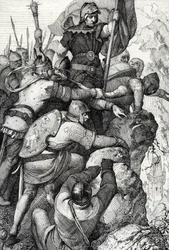 Troppene til Othon I av Baviere (1117-1183) nær Verona i Italia 1155 (Otto I, hertugen av Bayern og hans hær nær Verona, Italia 1155) Fjærtegning fra "Historische Memorabilian des In-und Auslandes"" (Historiske suvenirer) av Anton Ziegler