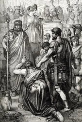Vandalkrig: "" Overgivelsen av vandalenes konge Gelimer kneler foran den bysantinske general Belisaire (500-565) i mars 534, Kartago, Afrika" (Vandalerkrig: vandalskongen Gelimer overgir seg til general Belisarius, 534, Afrika) Tegning en pe