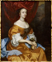 Barokk : Portrett av Margaret Hughes (Peg Hughes eller Margaret Hewes) (ca. 1630-1719) av Lely, Sir Peter (1618-1680). Olje på lerret