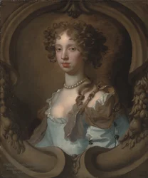 Portrett av Lady Frances Norcliffe (1654–1731), bystelang, i en lyseblå kjole med perlespenne, i en skulpturert kartusj (olje på lerret)