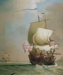 Et handelsskip fra det britiske East India Company. Olje på lerret, ca. 1720, av Peter Monamy (1681–1749).