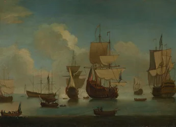 Engelske krigsskip for anker i rolige, tørre seil, tidlig på 1700-tallet (olje på lerret)