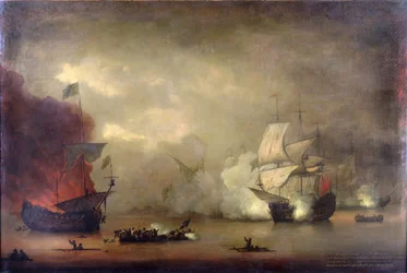 Sjøkamp mellom HMS #39;Mary Rose#39; fra Royal Navy og syv pirat-algeriner utenfor kysten av Tanger (Marokko), 8. desember