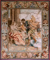 flamsk billedvev. Serie Historien om konsulen Decius Mus. Mars dukker opp for Rhea Silvia (Aparición de Marte a Rea Silvia). Åttende billedvev i serien. Modell PP Rubens. Produksjon Jan Raes II, Brussel. Ca1620-1629. Stoff Gull, sølv, silke og ull.