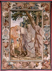 flamsk billedvev. Serie Historien om konsulen Decius Mus. Valerius velsigner Decius. Fjerde billedvev i serien. Modell PP Rubens. ; Produksjon Jan Raes II, Brussel. Ca 1620-1629. Stoff Gull, sølv, silke og ull. Størrelse 405 x 330 cm. Sted Royal Pal