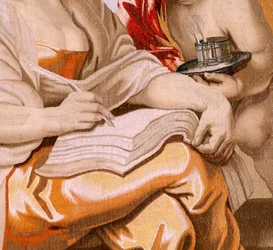 flamsk billedvev. Serien Nattverdens triumf. Visdom er inspirert av Den Hellige Ånd (La Sabiduría inspirada por el Espíritu Santo). Nittende billedvev i serien. Modell Peter Paul Rubens. 1626-1628. Produksjon Jacob II Geubels, Brussel