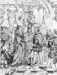 Marriage by proxy of Marie de Medicis (1576-1642) with Henry IV in Florence, 5 October 1600. Engraving by Pierre Paul (Pierre-Paul) Rubens (or Peter Paul or Petrus Paulus) (1577-1640).
