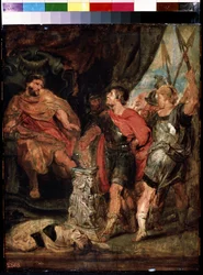 Mucius Scaevola devant Porsenna (Micius Scaevola før Porsenna). Caius Mucius Scaevola, jeune patrician romain capture par la garde royale de Porsenna (Porsinna, Porsena)