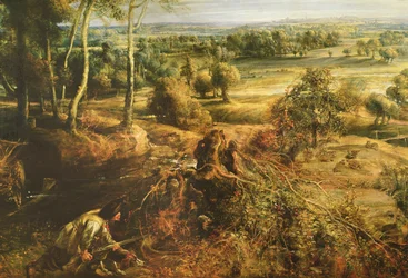 Et høstlandskap med utsikt over Het Steen tidlig om morgenen, ca. 1636, detalj av 211075