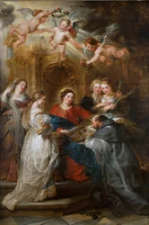 Visjonen til den hellige Ildefonso (606-667), Jomfruen gir ham et kasubel - Sentralt panel av altertavlen til Saint Ildefonso - Sentralpanelet til Ildefonso-altertavlen, av Rubens, Pieter Paul (1577-1640). Olje på tre, ca. 1630-1631. Kunsthistorisk museum,