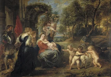 Hvil på flukten til Egypt, med hellige, ca. 1635