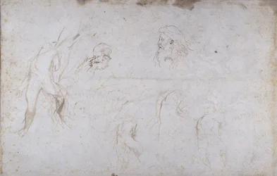 Studier av en mannsfigur bundet til et tre og av to mannlige hoder, ca. 1601 (penn og blekk på papir)