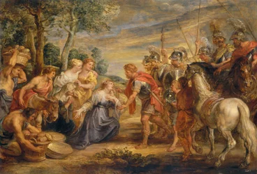 The Meeting of David and Abigail, c. 1630.    1156332   no       norwegian Successfully Translated  Original: Landschap met twee converserende mannen Brede landschappen (series title) Translat: Landschap met twee converserende mannen Brede landschappen (se