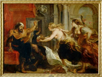 Tereus#39; festmåltid: Philomena og Procne gir Tereus det halshuggede hodet til sønnen hans. Det er (maleri på lerret)