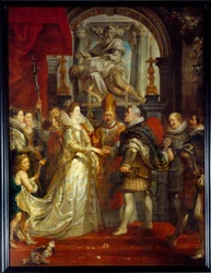 Ekteskapet ved fullmektig av Maria De Medici (Marie de Medicis) (1573-1642) og Henrik IV i Firenze 5/10/1600. Maleri av Pierre Paul (Pierre-Paul) Rubens (eller Peter Paul eller Petrus Paulus) (1577-1640). 1600-tallets søn. 3,94x2,95 m