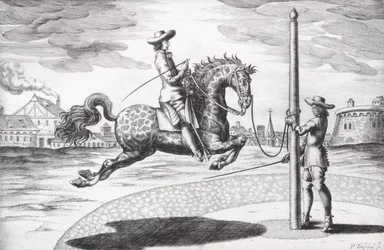 A Horse en Capriole fra New Treatise for Breeding Horses skrevet av Winters, Stuterey og Reit-Schul, gravert av kunstneren, pub. 1672 gravering