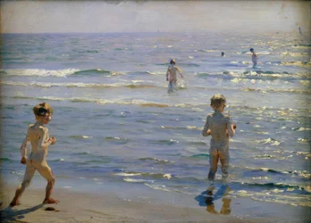 Badende gutter. Solskinn. Skagen