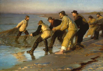 Fiskere drar garn på Skagen-stranden