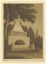 Tempelmonument i en park ved en innsjø.