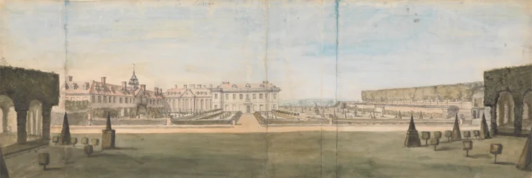 Utsikt over hagen og huset i Upper Winchendon, Buckinghamshire
