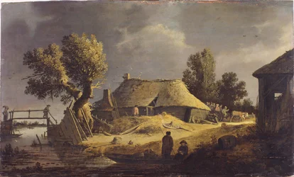 Landskap med gårdshus (olje på panel)