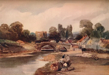 En landsby ved en elv, med bro og ruiner, c1824