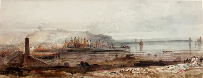 Utsikt over en havn, ca 1830-1840 (Akvarell)
