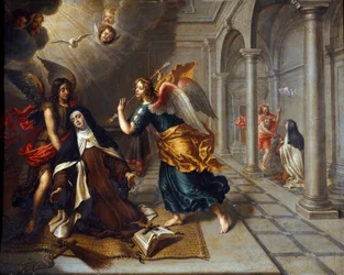 Den hellige Therese av Avila (av Jesusbarnet) (1515-1582) møter engelen som gjennomborer hjertet av sin gyldne darter Maleri av Peter Van Lindt (1600-tallet) Dim. 85x70 cm Genes, Galleria di Palazzo Bianco