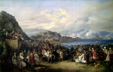 Prins Otton (1815-1867) sønn av Louis I av Baviere debarque i Nafplio 6/02/1833 og blir konge av Hellas Maleri av Peter von Hess (1792-1871) (ec.all.) 1835 Søn. 2,73 X 4,16 m München. Neue Pinakothek.