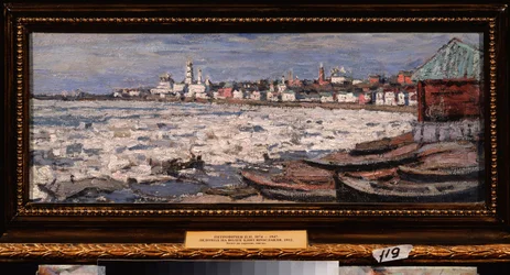 Isdrift på Volga, nær Yaroslavl (Russland). Verk av Pyotr Ivanovich Petrovichev (Piotr Petrovichev) (1874-1947), olje på papp