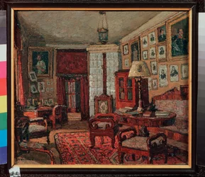 Lesesalen i huset E. Boratynsky (Evgueni Baratynski) (1800-1844). Maleri av Pyotr Ivanovich Petrovichev (Pyotr Petrovichev) (1874-1947), olje på lerret