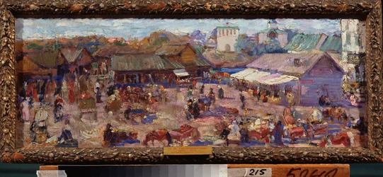 Le marche a Pskov (Russland). Oeuvre de Pyotr Ivanovich Petrovitchev (Piotr Petrovitchev) (1874-1947), huile sur kartong